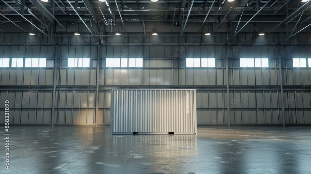 Poster a shiny, new container positioned in an empty, modern warehouse with blank walls and floor space for