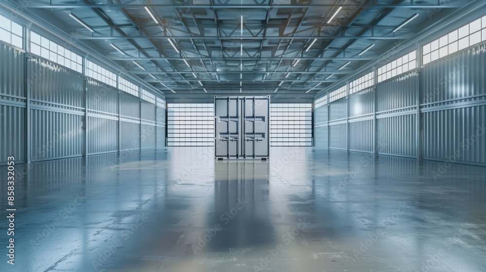 Poster a shiny, new container positioned in an empty, modern warehouse with blank walls and floor space for