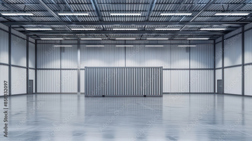 Poster a shiny, new container positioned in an empty, modern warehouse with blank walls and floor space for