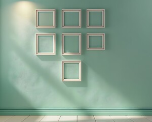 Four empty square frames in a grid pattern on a soft teal wall, each frame illuminated by a spotlight, creating a fresh and calming display