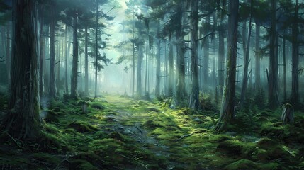 a misty pine forest with tall trees and green moss on the ground, creating an ethereal atmosphere.