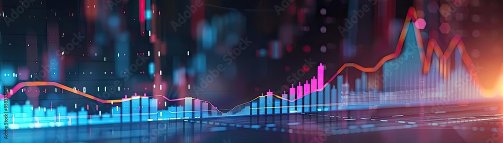 Poster abstract financial data visualization with futuristic graphs and charts, showing market trends and a