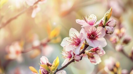 Close up of light pink flowers on almond tree branch in spring garden for design with copy space