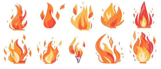 Flame, red hot bonfire set vector icons. Blazing, burning heat fire symbol ,Fire, Campfire, Isolated Torch Flame, Burning Bonfire Blaze. Glowing Shining Flare with Long Waving Tongues Elements