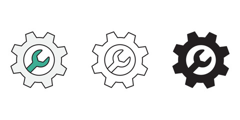 Wrench and Gear Cogwheel Icons set, Service tool symbol isolated background, assembly, repair instruments flat simple infographics design template. vector illustration.