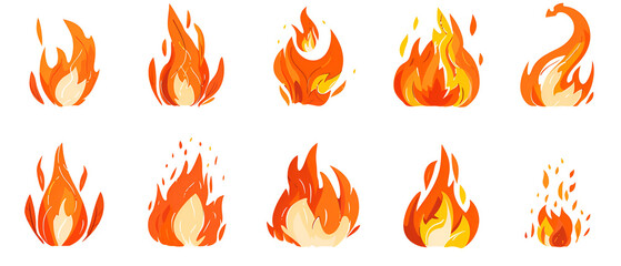 Flame, red hot bonfire set vector icons. Blazing, burning heat fire symbol ,Fire, Campfire, Isolated Torch Flame, Burning Bonfire Blaze. Glowing Shining Flare with Long Waving Tongues Elements