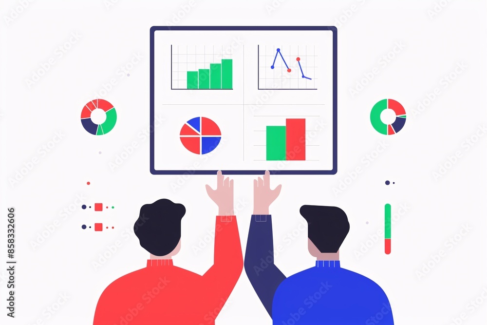 Poster two people analyzing charts and graphs on a screen. data visualization, business analytics, and team