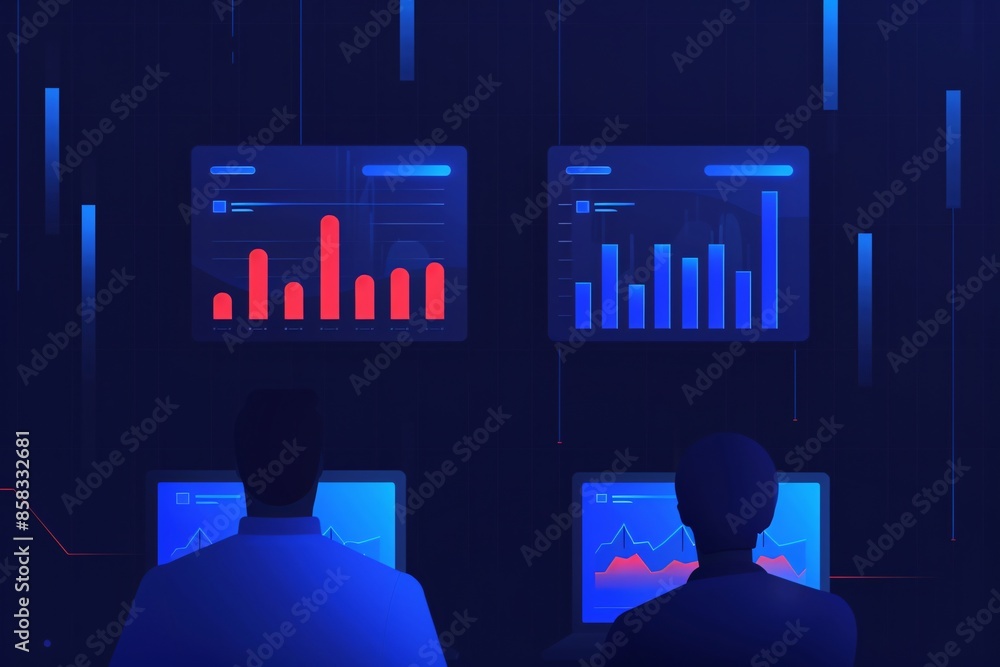 Poster two people analyzing data on computer screens in a dark room with digital charts and graphs displaye