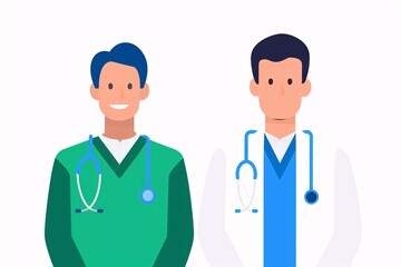 Fototapeta premium Two male doctors wearing medical clothing and stethoscopes standing side by side, representing healthcare and medical professionals.