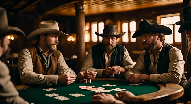 Cowboys playing cards in a tavern.	
