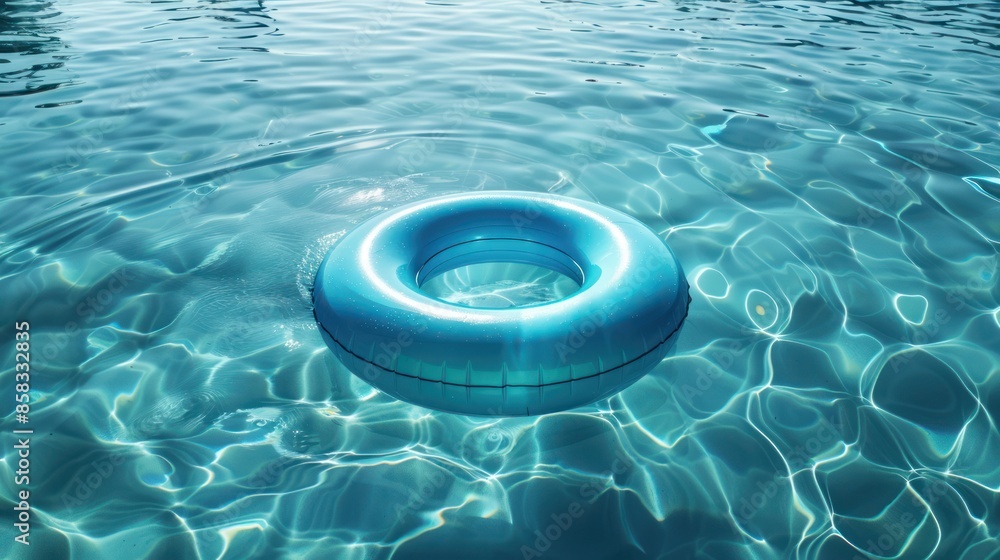 Poster a floating inflatable pool ring in a clear blue pool, with empty space around for adding promotional