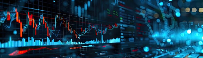 Abstract financial trading graph showing stock market trends, data analysis, and futuristic financial technology concept.