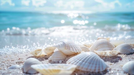 Close Up of White Shells on Beach Summertime Vacation Scene