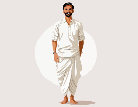 Traditional Indian Man in Dhoti and Shirt Offering Greetings, Vibrant Vector Artwork