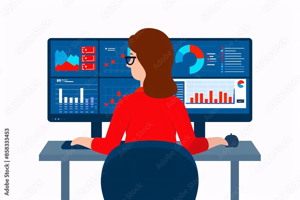Aufkleber woman analyzing data on computer screens with graphs, charts, and statistics in a professional offic