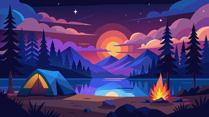 Calm lakeside camping scene with starlit sky and vibrant sunset colors vector illustration. Camping adventure with a tent and a canoe under a starry night sky in a forest setting illustration 