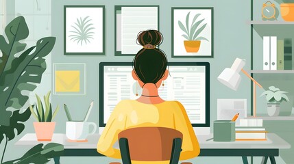 Woman working at home office desk with computer, surrounded by plants and decor for an organized and productive workspace.