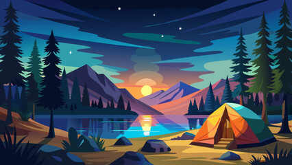 Calm lakeside camping scene with starlit sky and vibrant sunset colors vector illustration. Camping adventure with a tent and a canoe under a starry night sky in a forest setting illustration 