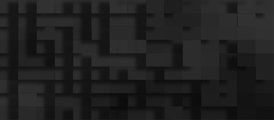 Black tech background with a geometric square and block patterns, Abstract black modern architecture background with luxury block pattern, modern technology black cubes abstract geometric background.