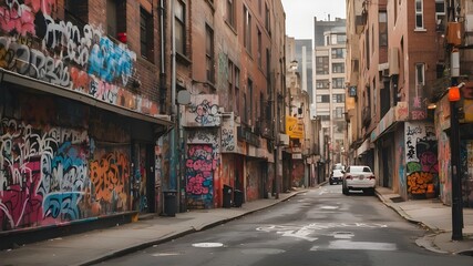 Fototapeta premium A city street with painted signs and buildings covered in graffiti