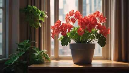 Fototapeta premium Flowerpot with a beautiful flower pelargonium in the room