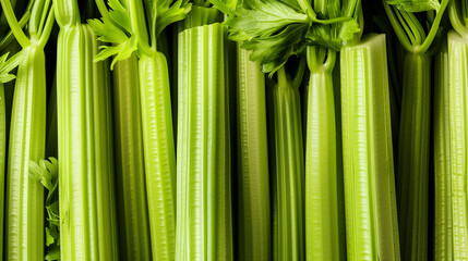 Obraz premium Compact arrangement of fresh, crisp celery sticks completely filling the frame with their light green hue. Emphasizes their freshness and appetizing look, suitable for a background.