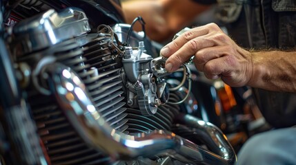 A mechanic conducting a comprehensive engine tune-up on a motorcycle, adjusting valves and...
