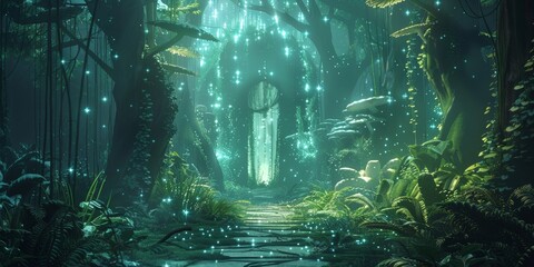 Fototapeta premium a bioluminescent rain forest full of light symbols and code with photons rising from the mushrooms on the pathway leading to a center portal in the rainforest