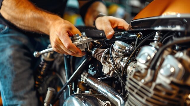 A mechanic conducting a comprehensive engine tune-up on a motorcycle, adjusting valves and carburetors to optimize performance and fuel efficiency
