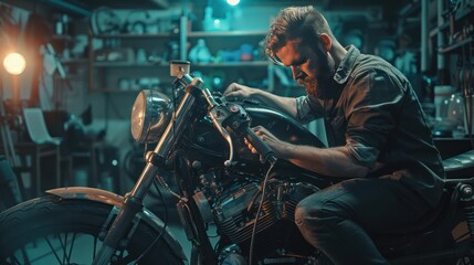 A skilled mechanic working on a motorcycle engine in a well-lit garage, surrounded by tools and equipment, illustrating professional motorcycle repair services 