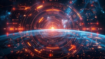 Obraz premium Futuristic Digital Interface With Planet Earth and Glowing Lights