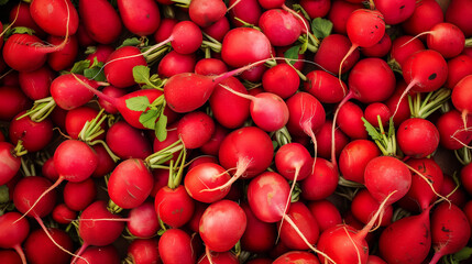 Minimalist artwork presenting a close-up of fresh, vibrant, and juicy radishes completely filling the frame. The crunchy texture and savory appeal make it an excellent choice as a background.





