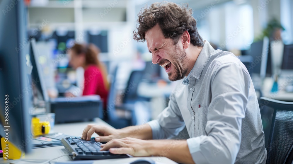 Poster an office scene showing a worker wincing in pain as they suffer from a repetitive strain injury whil