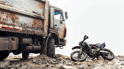 Obraz premium A haunting photo capturing the silence and stillness of the scene following a dump truck and motorbike collision, with no signs of life or movement full body on white background