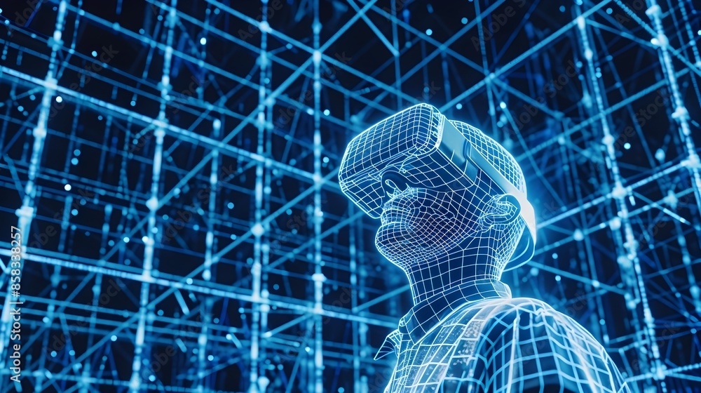 Aufkleber glowing futuristic digital wireframe grid network abstract background