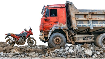 Obraz premium A haunting photo capturing the silence and stillness of the scene following a dump truck and motorbike collision, with no signs of life or movement full body on white background 