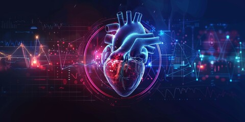 Obraz premium futuristic medical research or heart cardiology health care with diagnosis vitals infographic biometrics for clinical and hospital stethoscope and catheter services as wide banner with copy space area