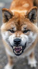 Fototapeta premium A dog with a mouth full of teeth is staring at the camera, going to jump on people