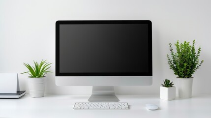 Fototapeta premium Minimalist office desk setup with a sleek computer monitor, keyboard, and mouse, against a plain, neutral background 