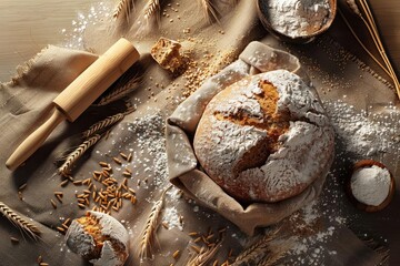 Freshly baked artisanal bread dusted with flour, surrounded by baking ingredients and wheat grains on a rustic table.