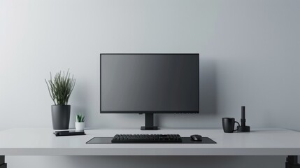 Minimalist office desk setup with a sleek computer monitor, keyboard, and mouse, against a plain, neutral background