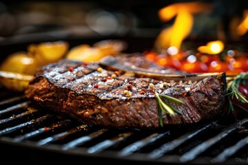 Close-up of a perfectly grilled steak with spices and herbs on a hot grill, surrounded by roasted vegetables in the background.