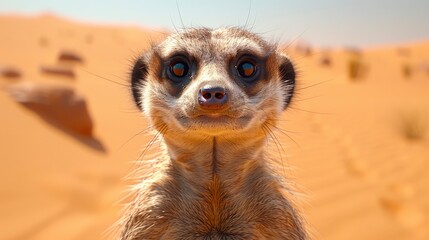 A close-up shot of a curious meerkat standing upright and alert against a blurred desert background with ample room for copy space