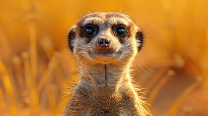 Fototapeta premium A close-up shot of a curious meerkat standing upright and alert against a blurred desert background with ample room for copy space