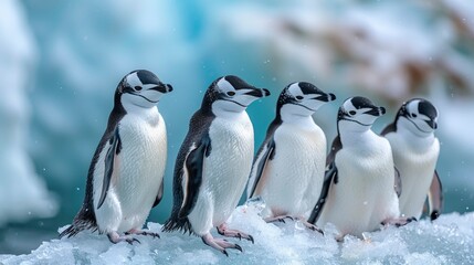 Obraz premium A group of penguins huddled together on an icy landscape with plenty of room for text in the background