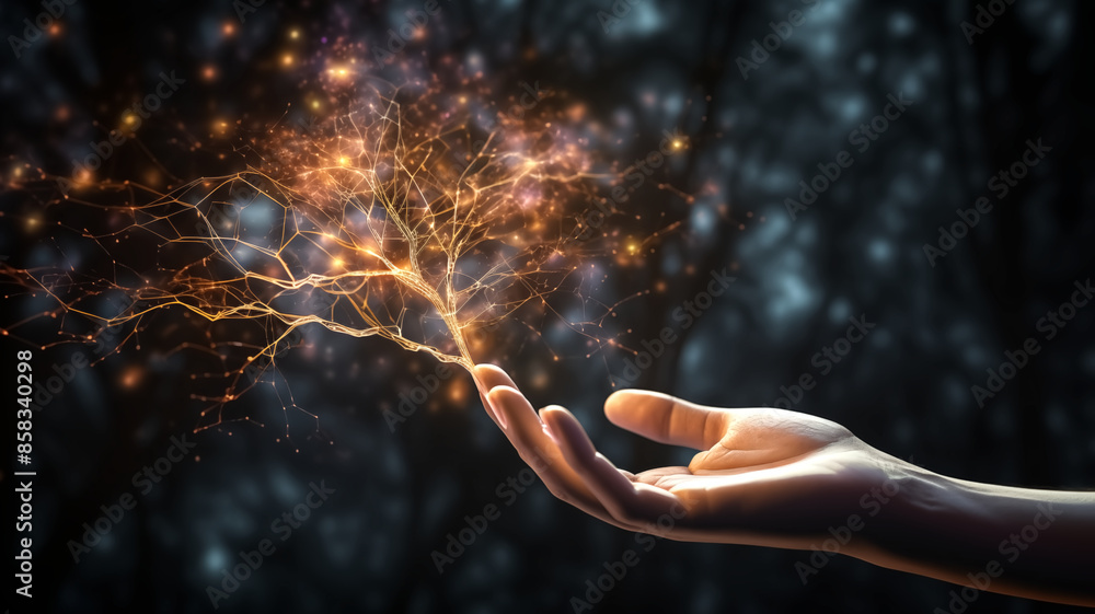Poster hand holding glowing neural network tree in dark forest - concept of artificial intelligence and tec