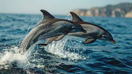 Fototapeta premium A pair of dolphins leaping out of the ocean with a clear blue sky in the background offering space for text