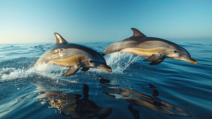 Fototapeta premium A pair of dolphins leaping out of the ocean with a clear blue sky in the background offering space for text