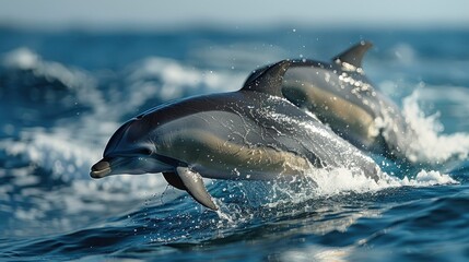 Obraz premium A pair of dolphins leaping out of the ocean with a clear blue sky in the background offering space for text