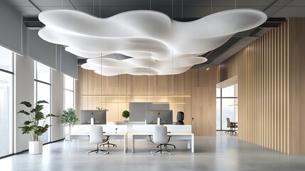 contemporary office space with a suspended ceiling design that mimics a cloud